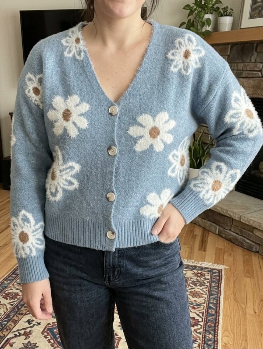 Blue Daisy-Print V-Neck Button Cardigan Sweater